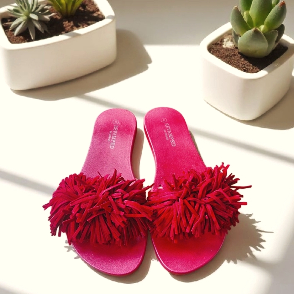 Revamped Red Fringe Slide Sandals Size 8
